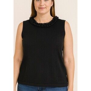 Rachelle top blouse black ribbed tank with ruffled collar SZ M sleeveless